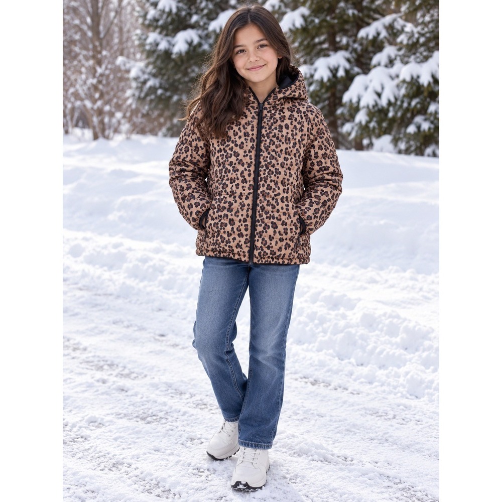 GAP Kids Youth XL Leopard Hooded Puffer Jacket ColdControl Water Resistant Cozy